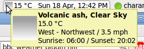 Ubuntu's weather app says: 15 degrees centigrade, volcanic ash, clear sky.
