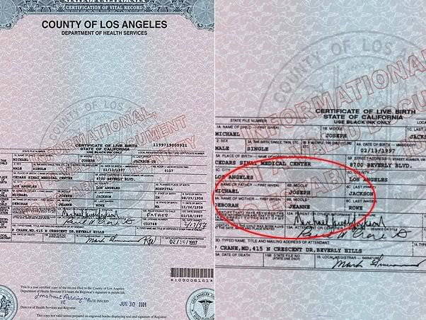 Certidão de nascimento de Michael Joseph Jackson Jr.