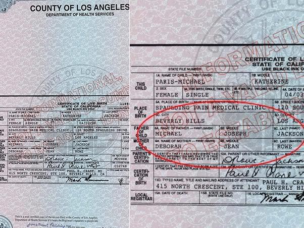 Certidão de nascimento de Paris Michael Katherine Jackson Certidão de nascimento de Paris Michael Katherine Jackson