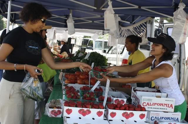 Buying strawberries at the Oak Park Farmer's Market