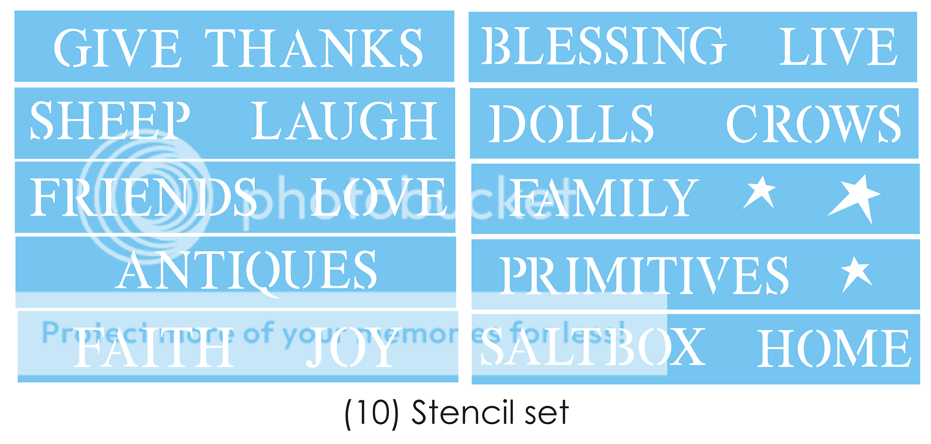 Total height per word is 1 tall. You will receive (10) Stencils Give 