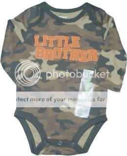 boys little brother camo with orange letters front has little brother