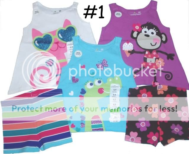get 3 tops 2 pair shorts see pics below shirts are white blue purple 